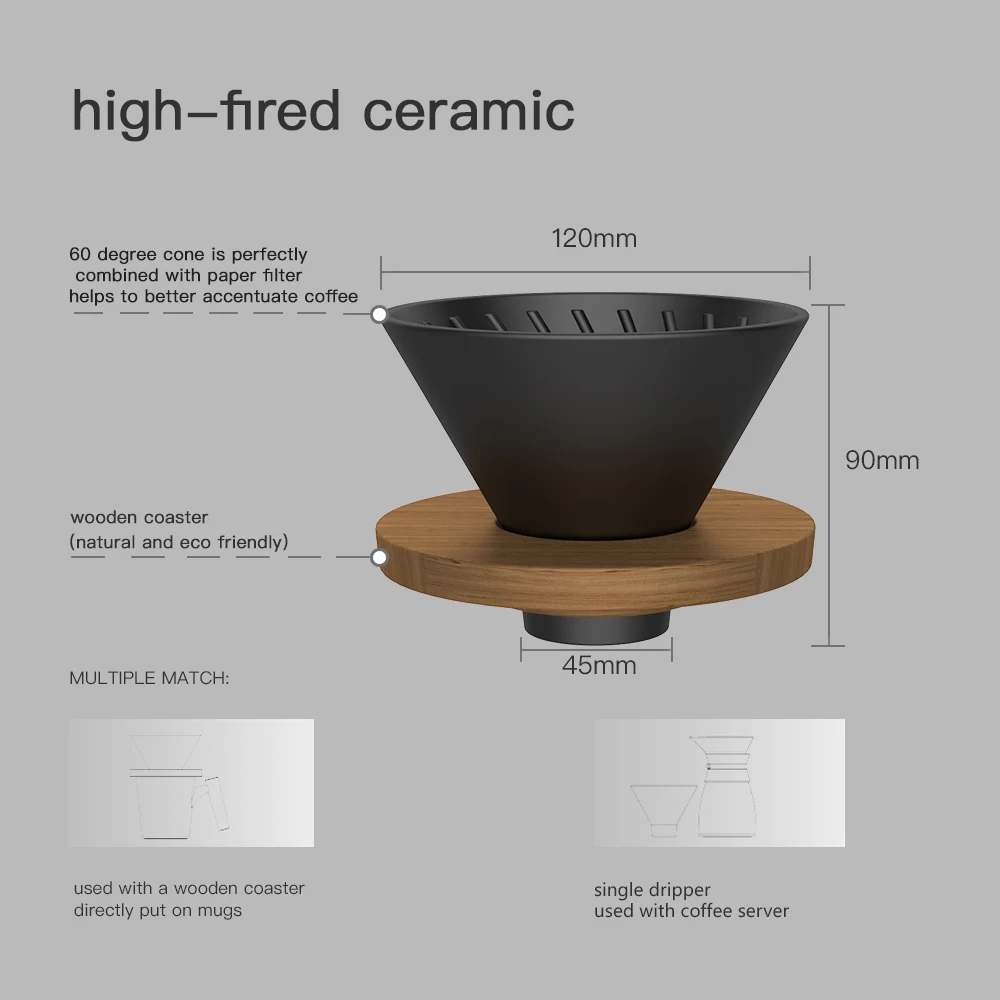 DHPO New Product Coffee Dripper Filter Ceramic Cup With Fixed Ring Wooden Walnut Holder