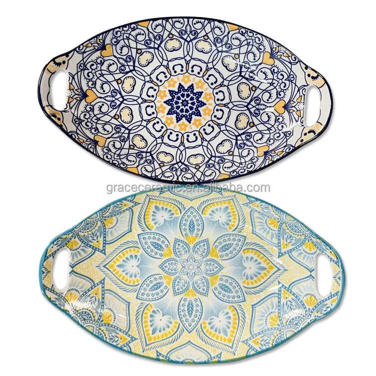 Customized Design Size Ceramic Baking Dish Soup Plates Decal Painted Porcelain Baking Pan With Two Handles