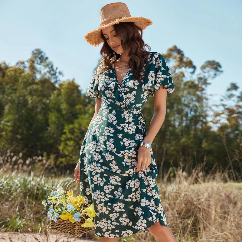 Casual Long Dresses Women Dark Green Elegant V Neck Short Sleeves Midi Skirt Floral Print Chiffon Polyester Lady Dress