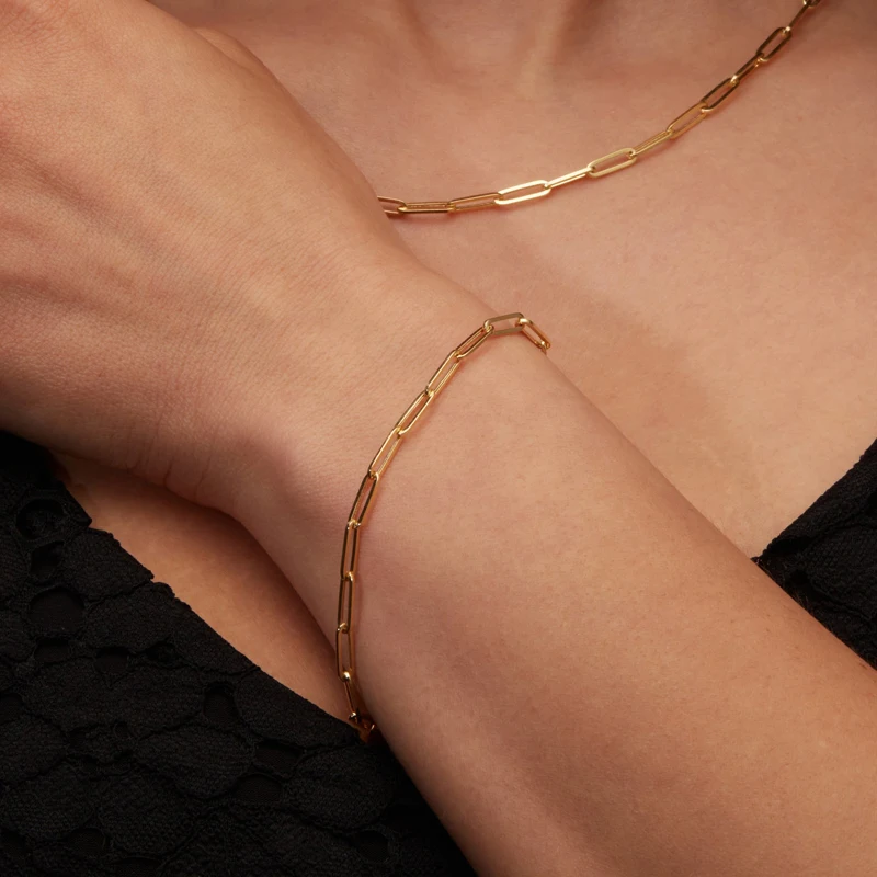 14k 18k Solid Gold 3.4MM Wide Paper Clip Link Chain Bracelets