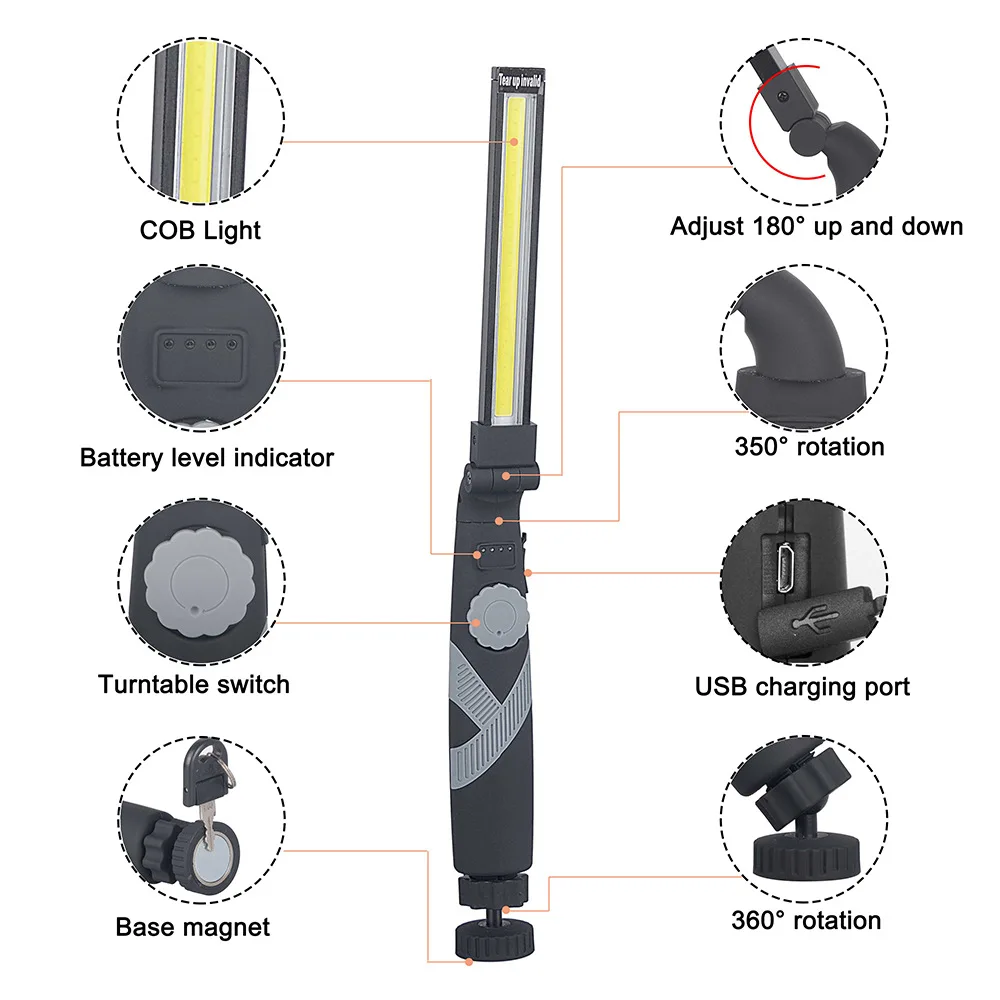 Portable Magnetic Work Light COB LED Work Lamp USB Rechargeable Flashlight Flexible Inspection Lights Emergency Rotary Torch