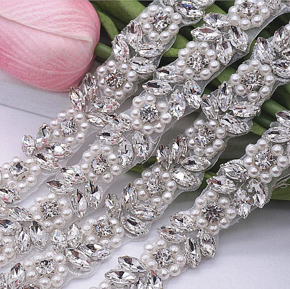 RH957 Hot Selling Crystal Belt Applique Code Crystal and Rhinestone Lace Trim