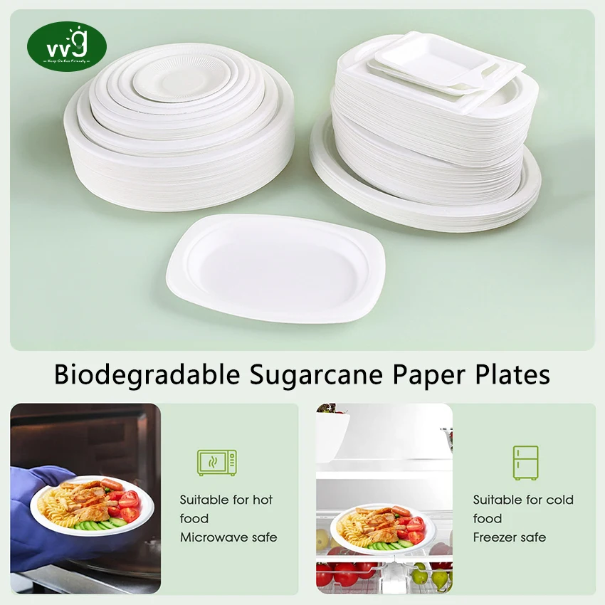 VVG no add pfas 6 8 10 inch compostable bio degradable sugarcane bagasse pulp paper white disposable square plates
