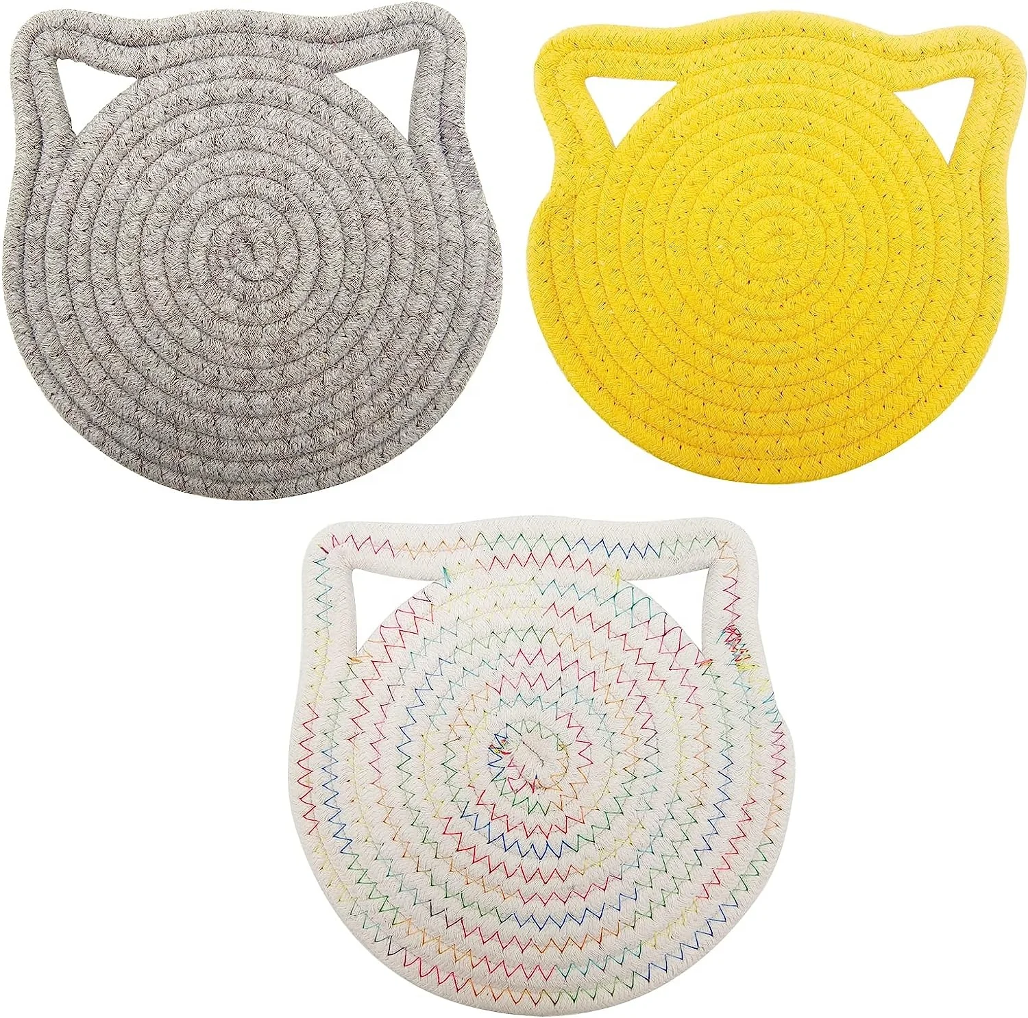 3 Pieces Cute Cat Head Shaped Cotton Rope Woven Placemats for Coffee Table Dining Table Office Table Mug Cup Soup Bowl