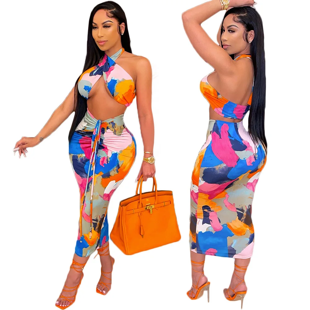 A00025 2021 комплект из 2 предметов без рукавов Летний с принтом с лямкой на шее с вырезами жилет короткий женский комплект из двух предметов юбка платье для женщин