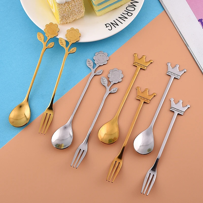 new Wholesale Creative dessert Spoon Stainless Steel flatware Sugar Tea Set Stirring 304 crown coffee spoon sun flower spoon