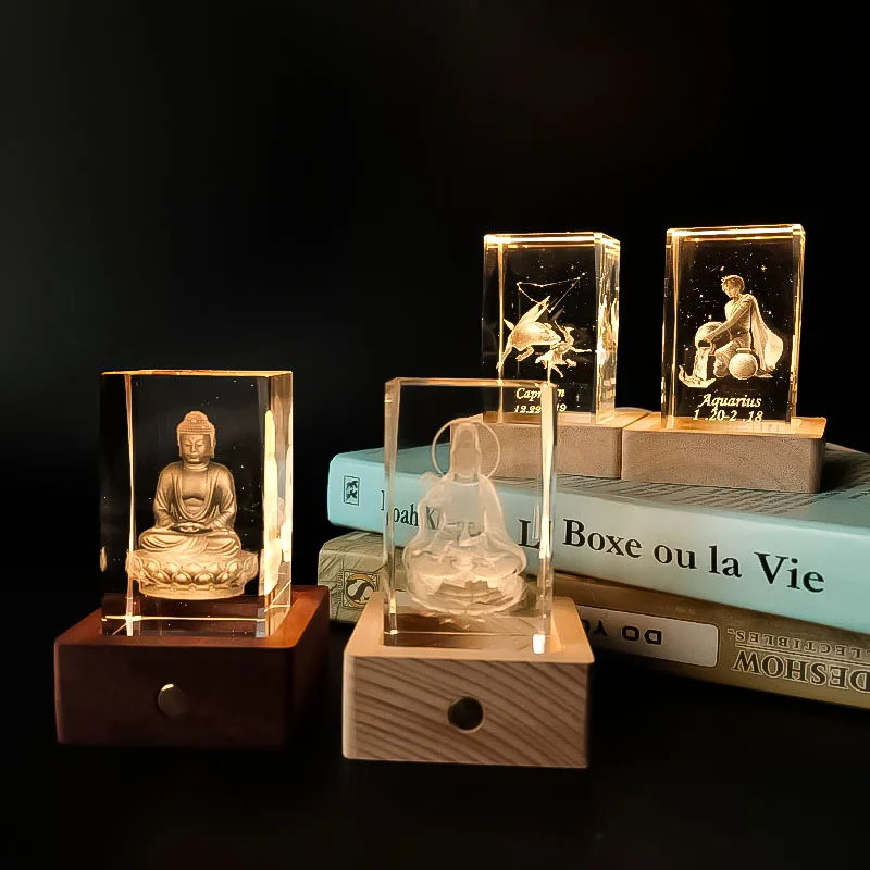 Hot Home Indoor Lighting 3D  Table Lamp Cubic Crystal Night Light With Wood Base Stand Decorative Crystal Lamp