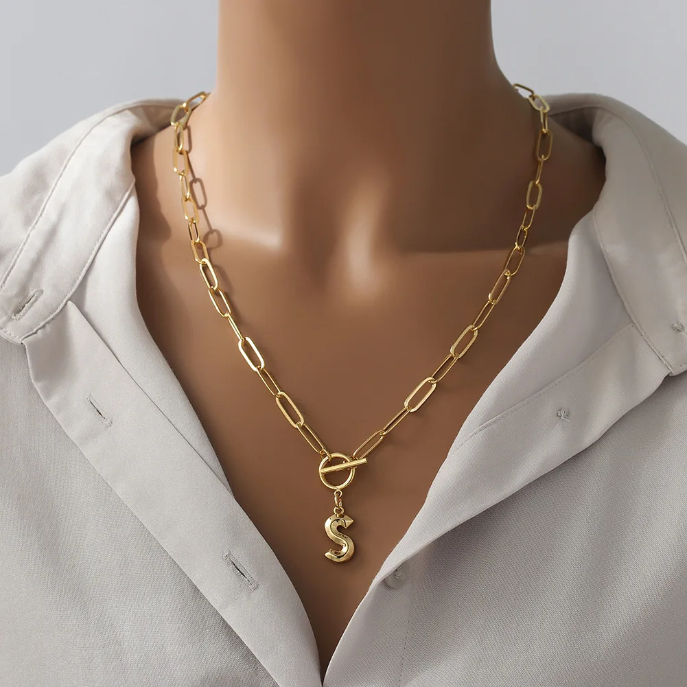New letter necklace real gold trend ot chain paper clip chain 26 English letter Pendant