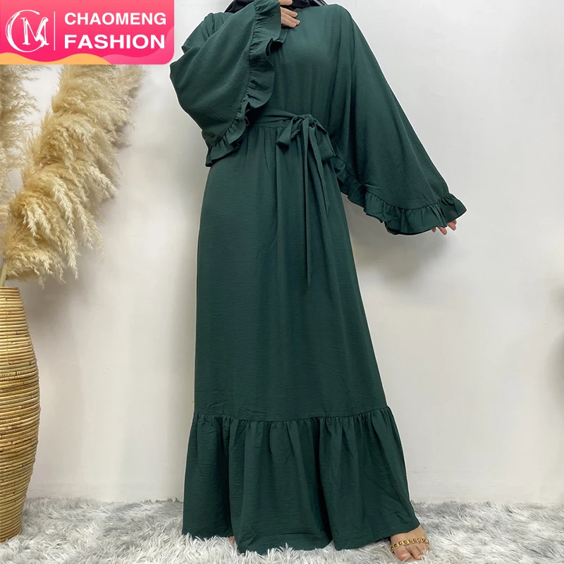 6530# Crepe Casual Design Special Dumpling Pleated Sleeves Solid Color Crew Neck Women Fashion Spring Summer Dress