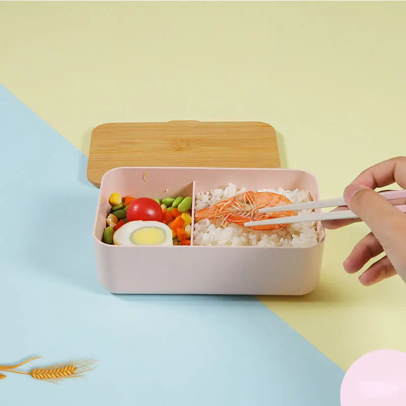 Bpa Free Plastic Eco Friendly Food Storge Lunh Box Wood Bamboo Lid Bento Box Divided 2 Layer Wooden Lunch Box Set Bag Cutlery