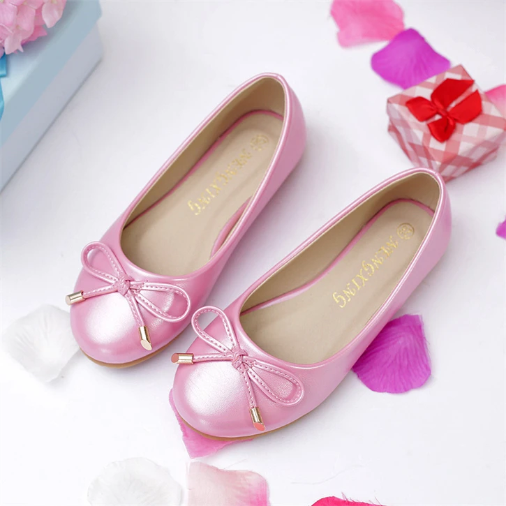 With Bow Wedding Flower Girl School Shoe Holy Communion Teen Princess Girl's Flat Shoes OEM Rubber PU Kids Girls White Pink