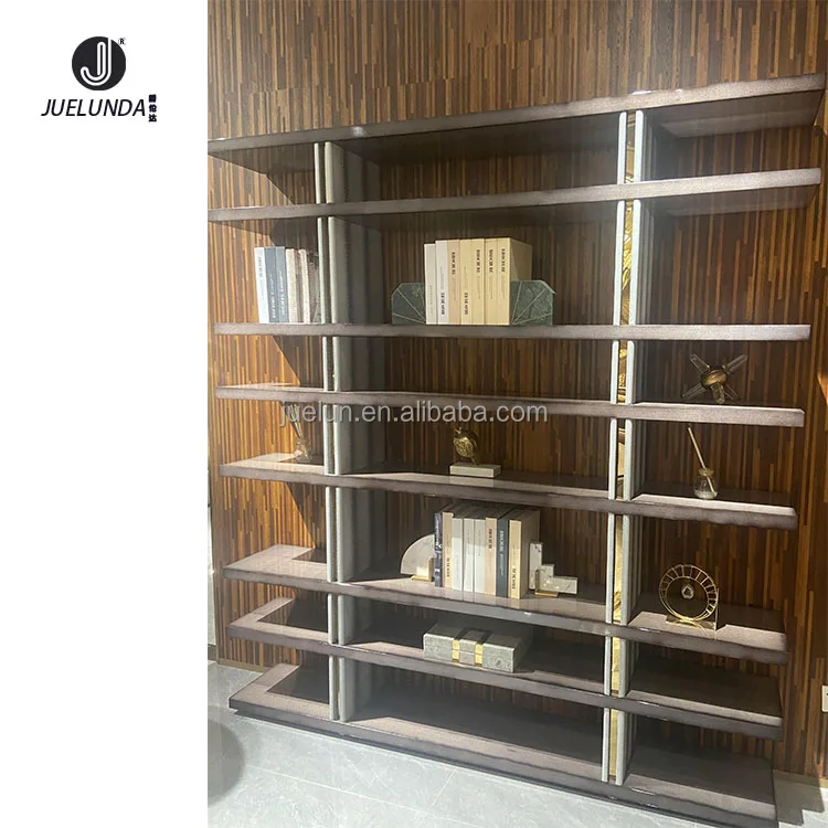 Modern High Quality Black Pearl Wooden Veneer Copper Gold Shelving Units Storage Shelves Units Leather Upholstered Book Shelf