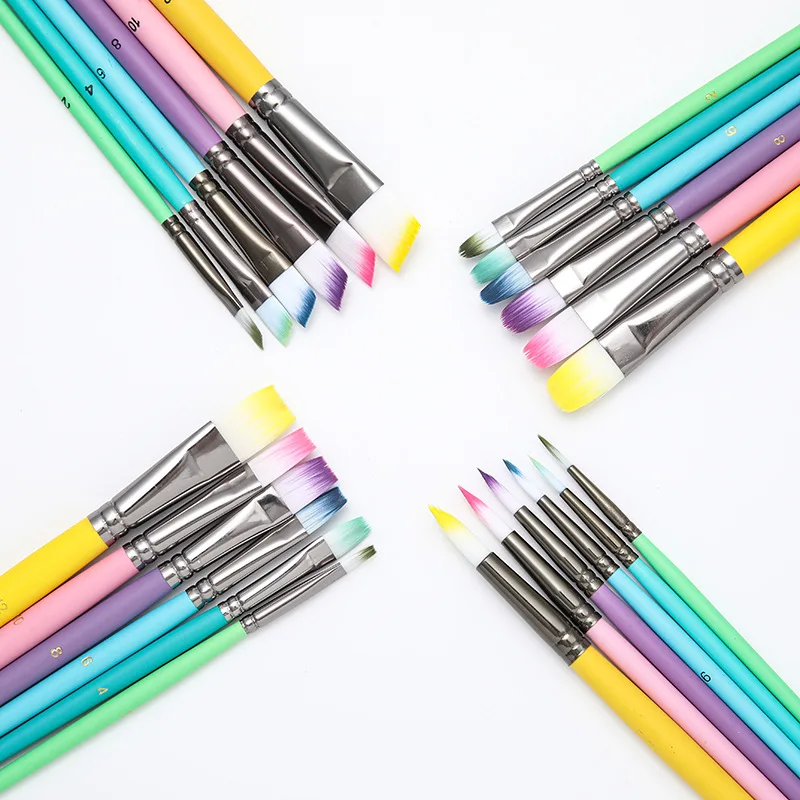 Hot selling paint Brush kit 6 Pcs Set nylon hair Wood Macaron color Handle artist oil water color acrylic paint brush set