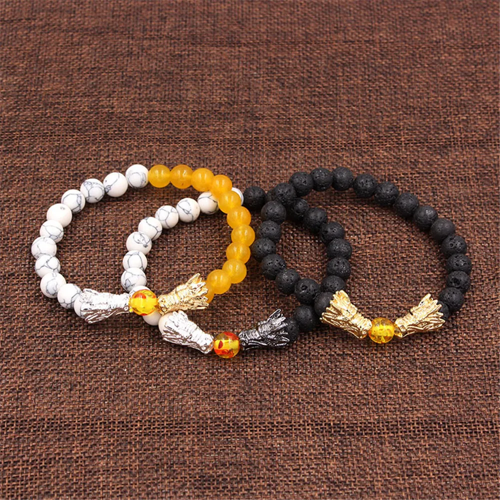 Beaded Bracelets Men Hot Selling Fashion White turquoise Stone Topaz Bead Bracelet Handmade Lava Stone Mens Dragon Bracelet