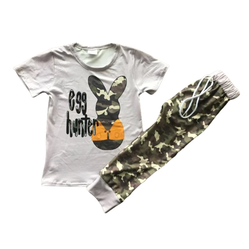 Boutique Easter rabbit print kids short sleeve top and camouflage trousers set boy clothing outfit