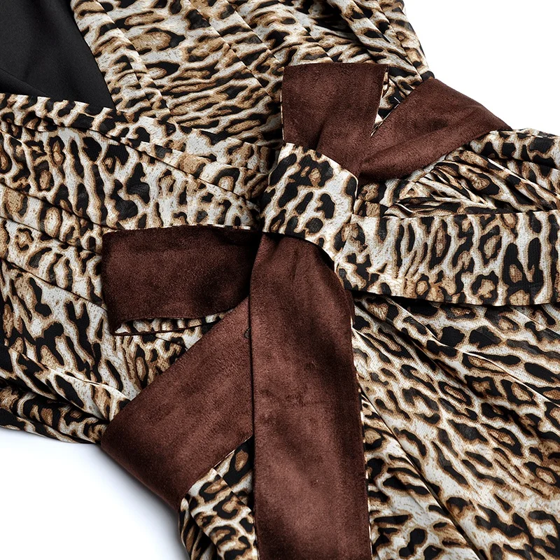 
Female 2021 Summer V Neck Half Sleeves Leopard Print Lace Up Waist Irregular Swing Mid Length Dress 