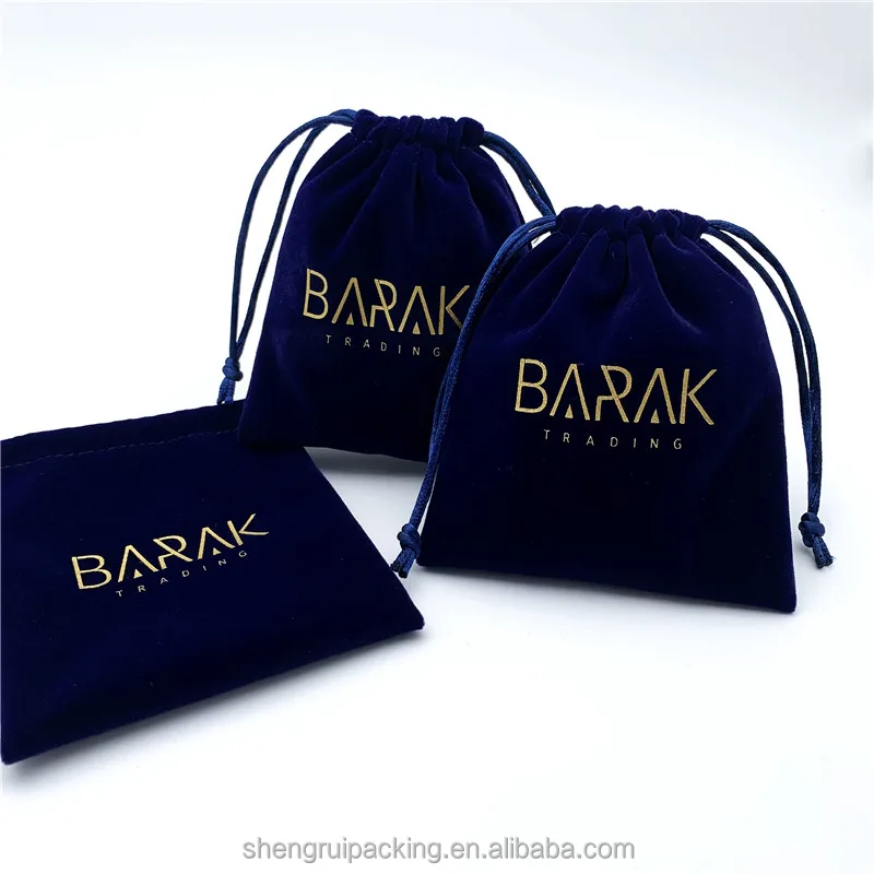 Luxury Gold Foil Printed Jewelry Christmas Velvet Bag Navy Blue Plush Velvet Pouch Bag for Jewelry