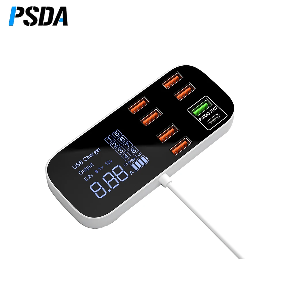 40W USB Phone Charger QC3.0 USB C Type C Fast Charger 8 Ports 8A Digital Display Charging Station Portable Travel Wall Charger