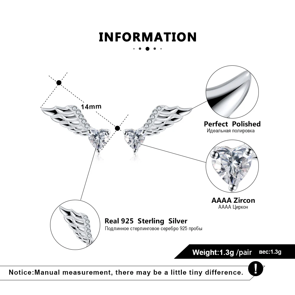 RINNTIN SE313 Angel wings Earrings Customized Jewellery 925 Sterling Silver Stud Earrings for Women