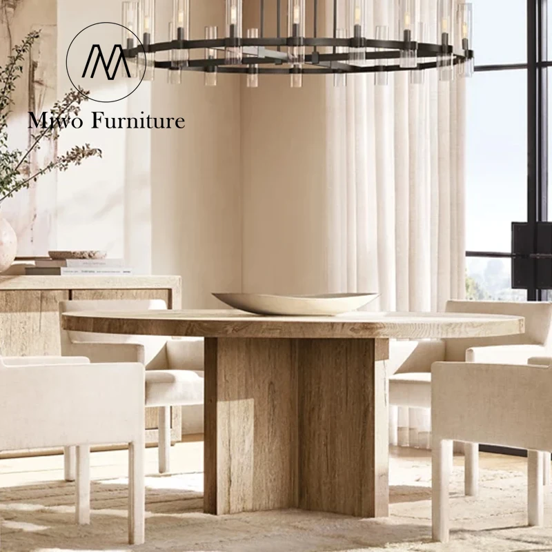 Midcentury Retro Outdoor Furniture Solid  Wood Reclaimed Oak Plank Round Waterproof Dining Table For Hotel Patio Balcony Table