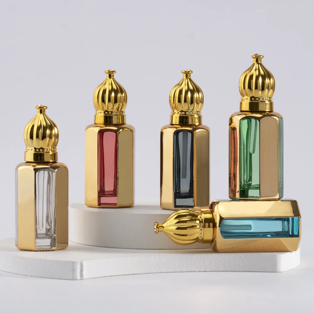 3 ml 6 ml 12ml Custom Empty golden Colored Arab Oud Oil Attar Bottles Octagonal Perfume Roller Bottle