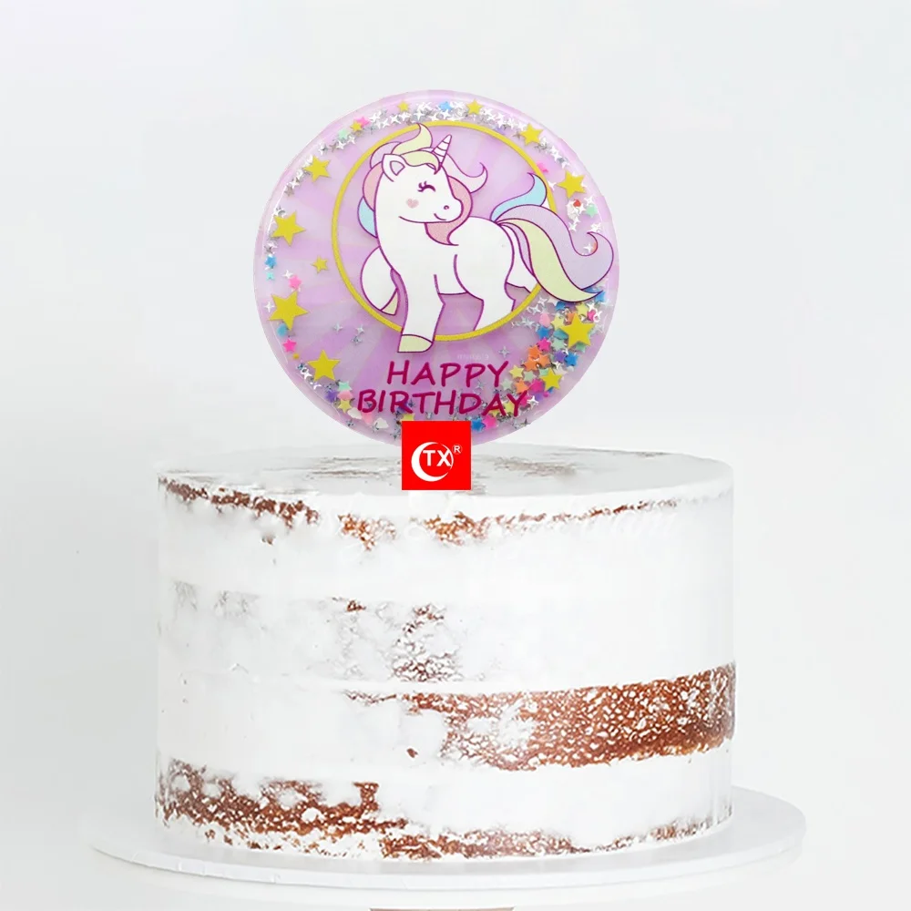 
TX Unicorn Rainbow Stars Smile Fun Pink Shake Shiny Moving Quicksand Acrylic Cake Topper For Kids Party Decorations Supplier 