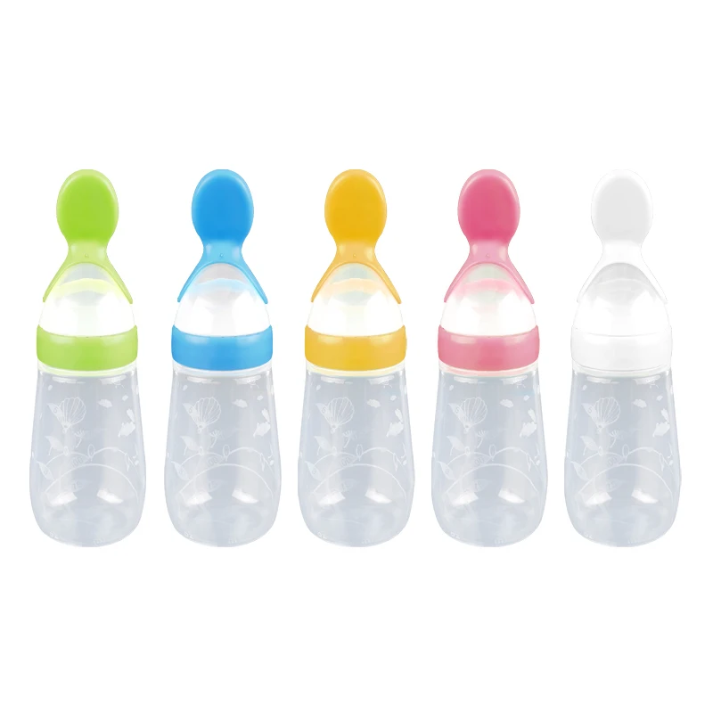 Manufacturer Custom BPA Free Infant Nursing Food Grade Silicone Feeder Fresh Food Training Baby Feeding Bottle With Spoon
