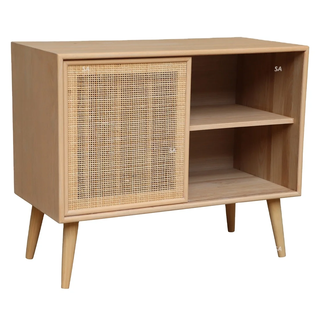 Natural Wood Storage Chest Drawer Furniture with Rattan Decorated Door