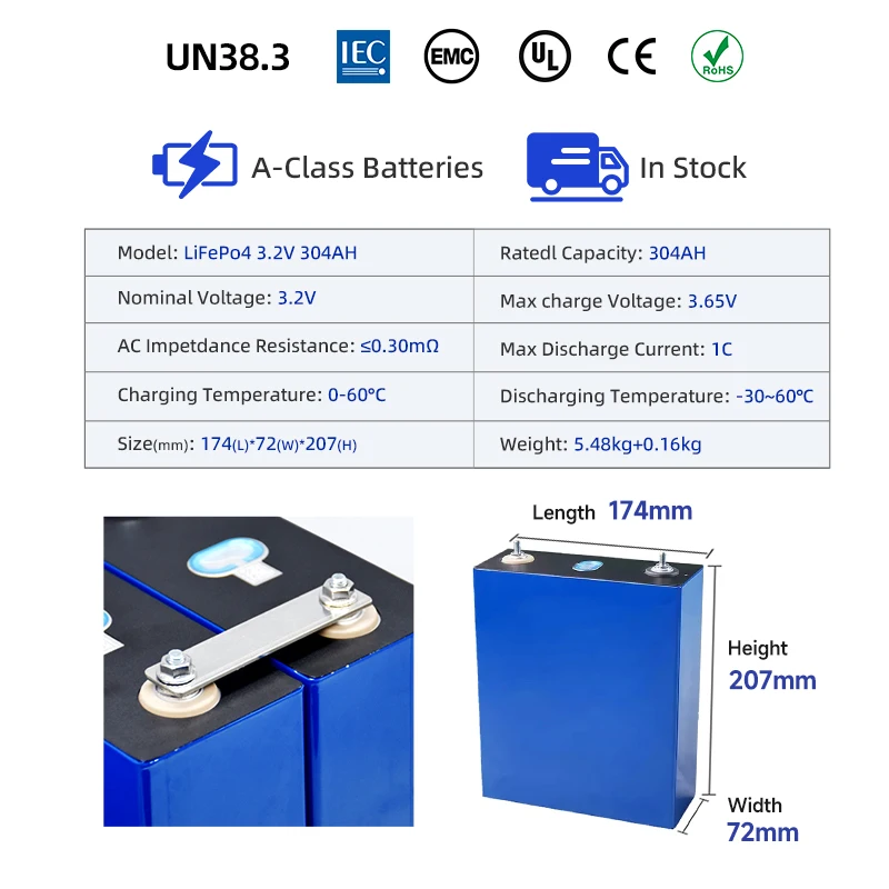 Factory Direct Sale 3.2V 304Ah Lifepo4 Battery Cell Lithium Iron Phosphate Solar RV Grade A DIY 12V 24V 48V RV Boat Home Energy