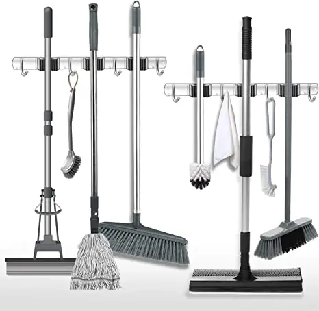 Mop And Broom Holder Wall Mount Stainless Steel Wall Mounted Broom Hanger Heavy Duty Tool Organizers with 3 Racks 4 Hooks