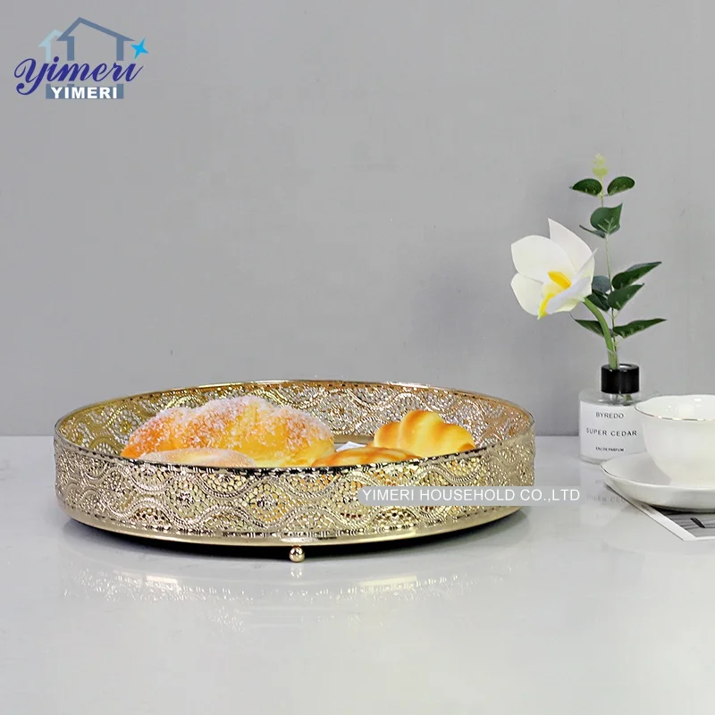 arab luxury dry fruit snack storage round mirror gold plated serving tray for home decoration
