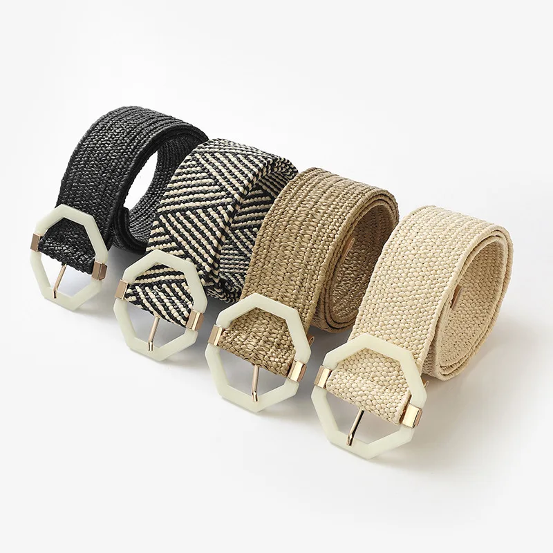 PP Straw Braided  Vintage Knitted Waist Skinny Dress Belt Woven Elastic Stretch Raffia Belt For lady Plastic Wooden Buckle