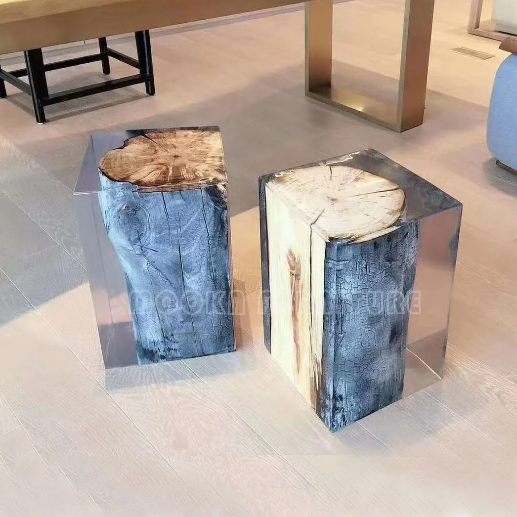 Luxury living room decorations resin chair ideas tree trunk stool wooden bed side table clear crystal epoxy coffee table