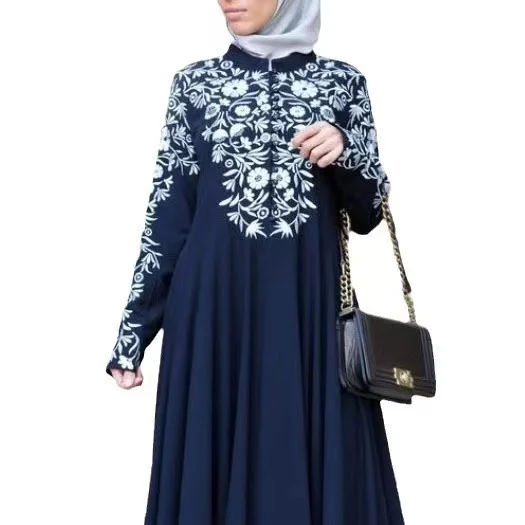 Elegant 2024 Muslim Robe With Long Sleeves and Standing Neck Floral Print Flare Ethnic Dress