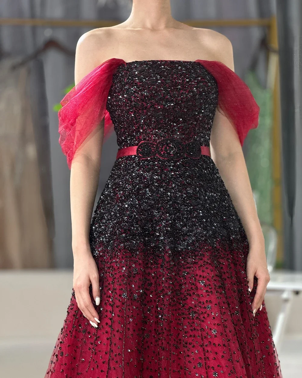 Gradual Change Wine Red Black 2024 Beaded Bling A-Line Luxury for Party Gowns Off Shoulder Tulle Evening Dresses