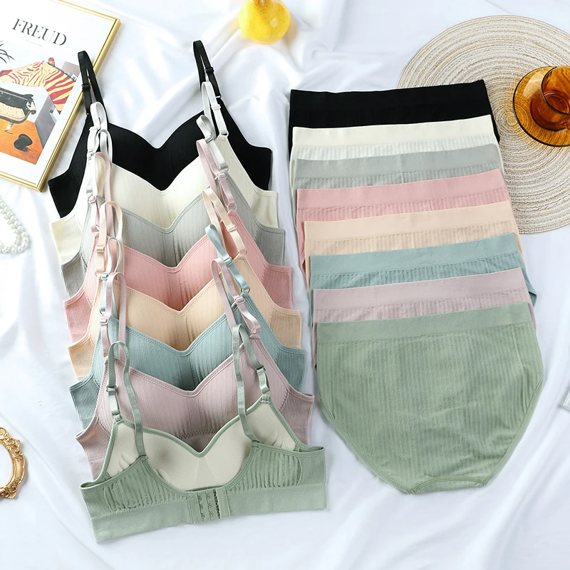 China factory seamless cotton bra gather fixed cup no steel ring student girl underwear cotton bra set female