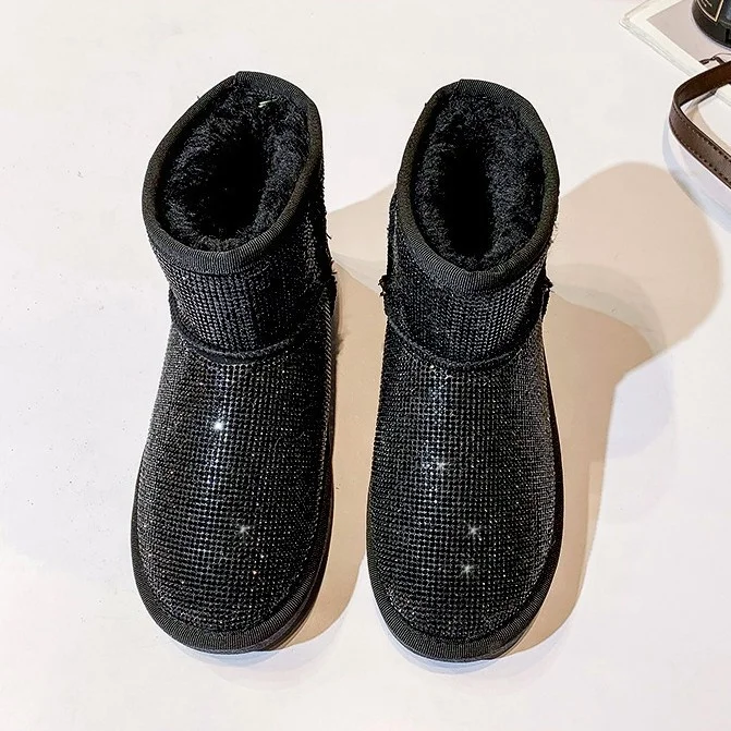 
High Quality Top Popular Wool Winter Boots New Style Crystal Rhinestone Sparkling Flat Women Snow Boots Ladies Hot Wholesale 