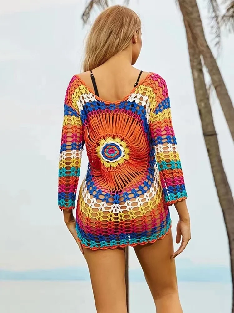 Разноцветная вязаная Пляжная накидка ручной работы 2023 бикини женский купальник кимоно на шнуровке Пляжное платье купальный костюм пляжная одежда туника Халат