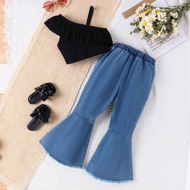 2024 New style summer baby girl sleeveless one shoulder tank top +flared jeans pants 2 piece outfit clothing set
