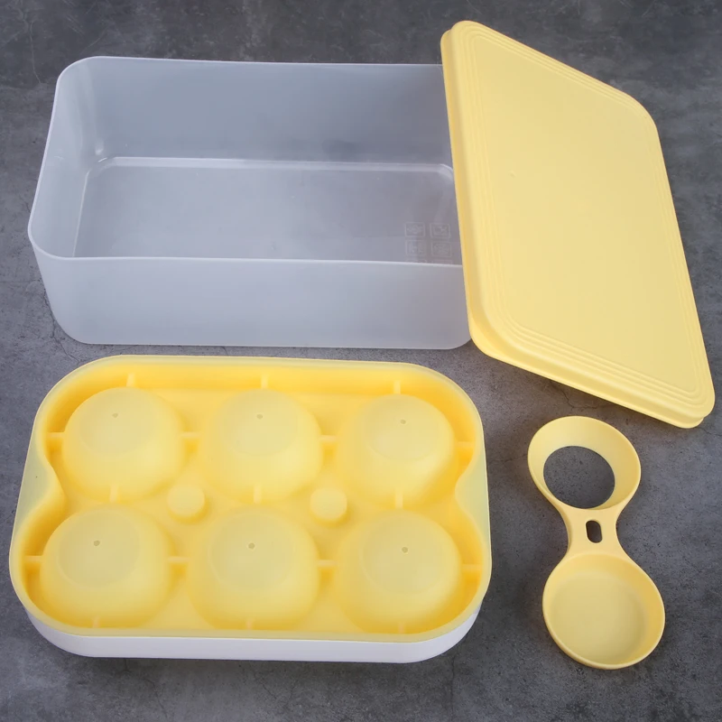 Custom Bpa Free 3D Whisky Sphere Square Cube Maker Freezer 6 Holes Drink Ball Silicone Ice Cube Tray Mold With Lid and Bin