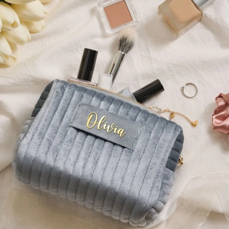 Custom Logo Travel Large Quilted Cosmetic Pouch Velvet Makeup Bag For Women