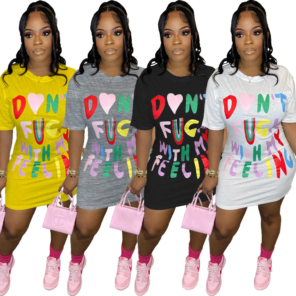 BOBOYU casual streetwear short sleeve t-shirt dresses for women fashionable letter printed t shirt dress summer clothing 2023