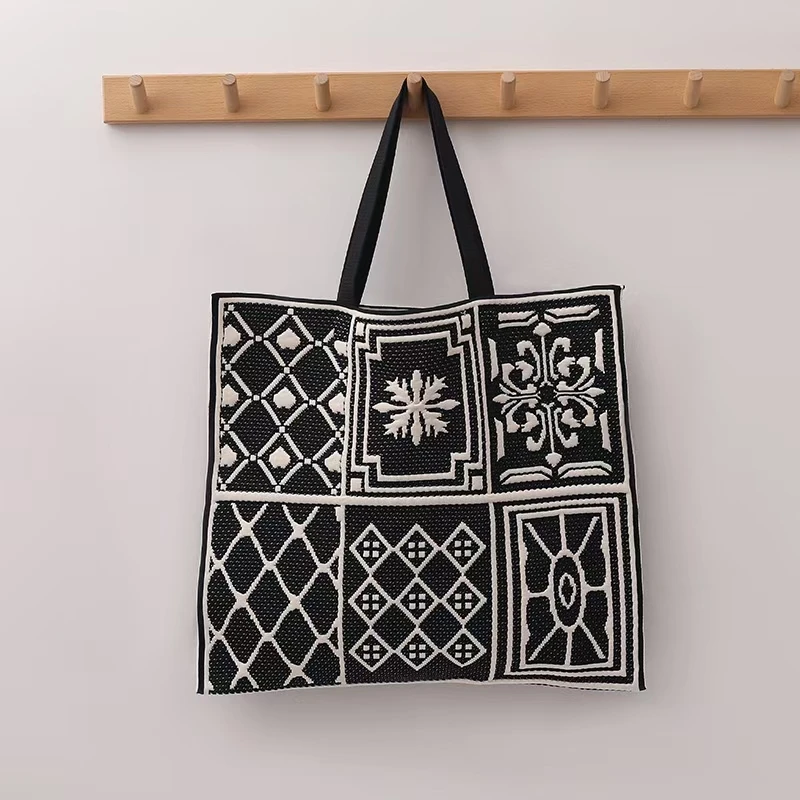 2024 Fashion Girls Stylish Knitted Handbag Large Capacity Poly Geometric Pattern Shopping Tote Bag