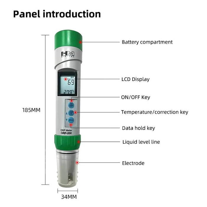 HM ORP-200 ORP Meter High Precision -999~1000mV Redox Potentieel Detector Aquarium Swimming Pool Water Quality TEMP PPM Test