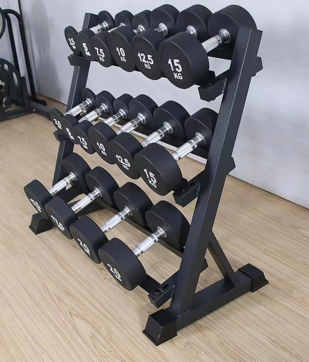 Balanced rubber coated hexagon dumbbell weight set and storage rack, multiple packaging