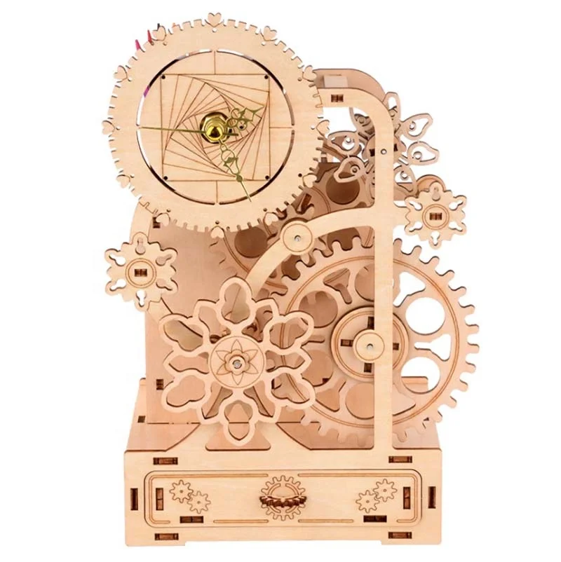 Wooden 3D Jigsaw Puzzle Clock Gear Clockwork Music Box Pen Holder DIY Handmade Toys for Children Educational Model Building Kits