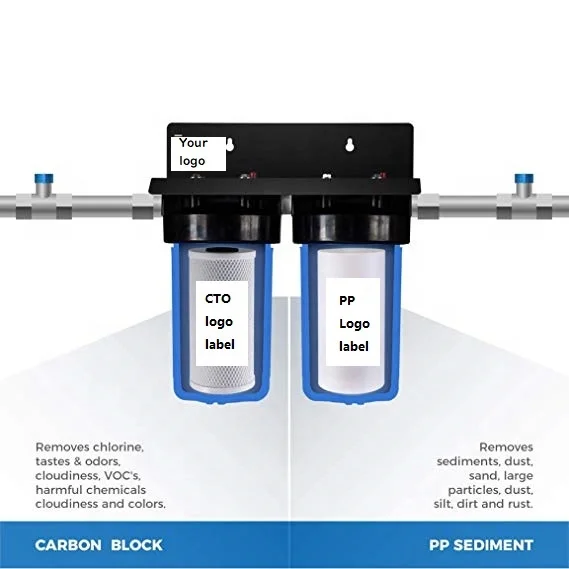 2 stages 10 inch big blue water filter with 1' or 3/4' inlet and outlet brass  port, 1-Set Filter Cartridge Included
