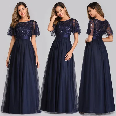 
Round neck sequined short-sleeved mesh long bridesmaid dresses womens 