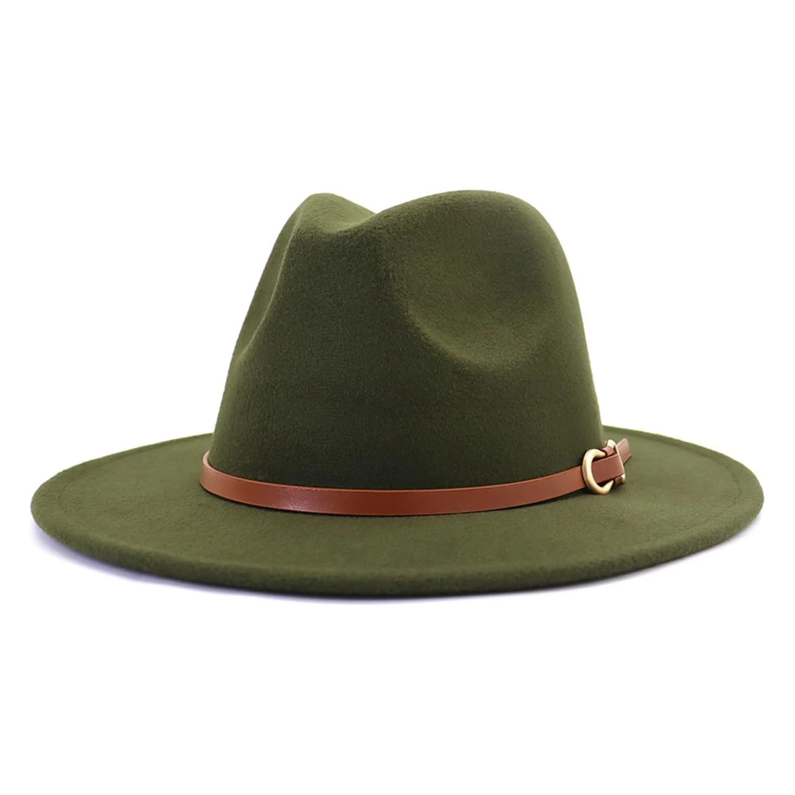 Recycled Custom Felt Fedora Hats Felt Jazz Hat Large  Wide Brim Green Felt Panama Hat With Belt Buckle