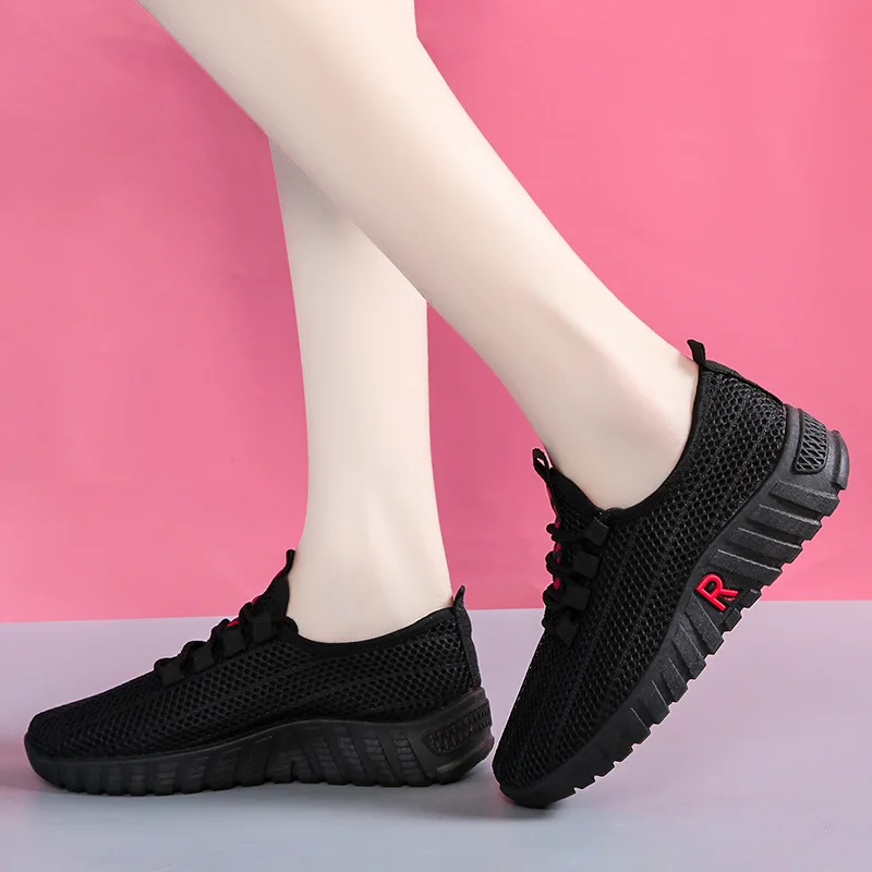 2023China Factory Seller casual shoes lady black mesh sneakers Rope Shoelaces flat shoes women 2023